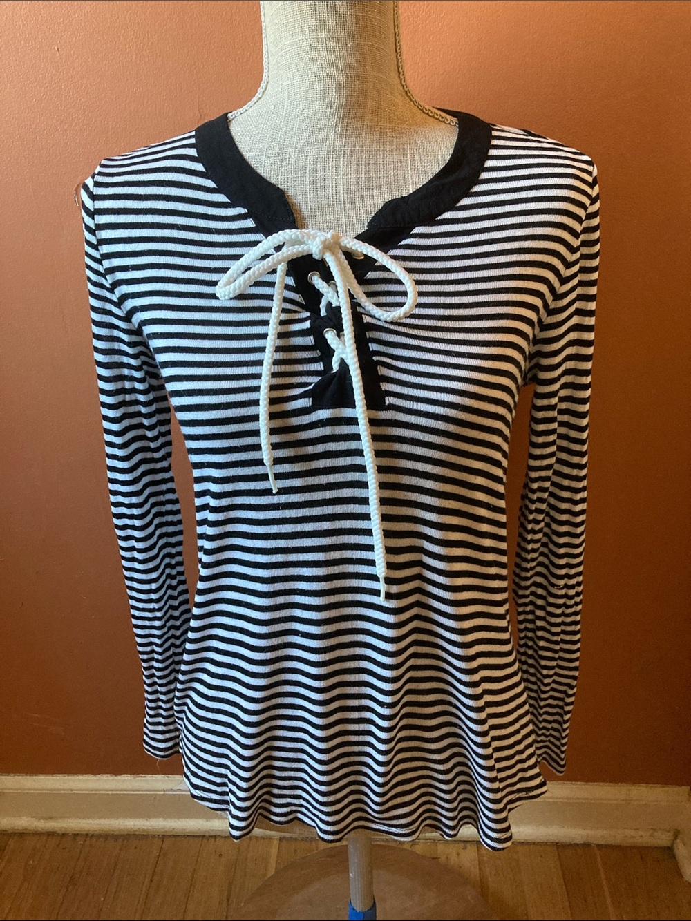 Verve Ami Black & White Striped Lace-Up Long Sleeve Tee